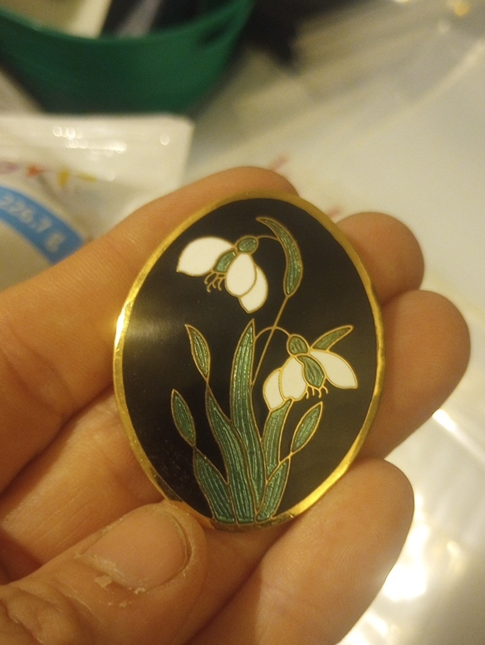 Gold-Trimmed Black Enamel Floral Brooch with White Snowdrop Flowers